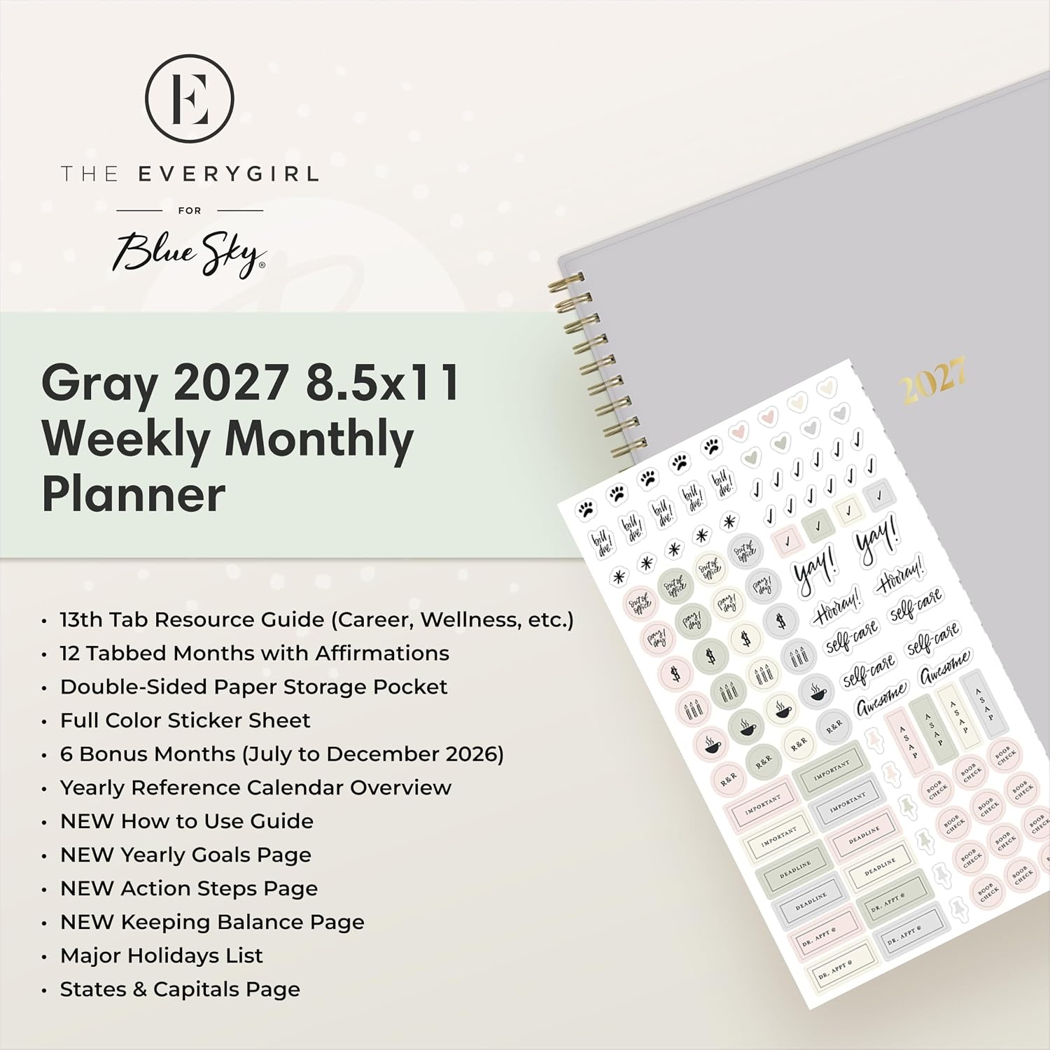 image:imageBlue Sky 2027 Weekly and Monthly Planner Calendar 85x11 Gray