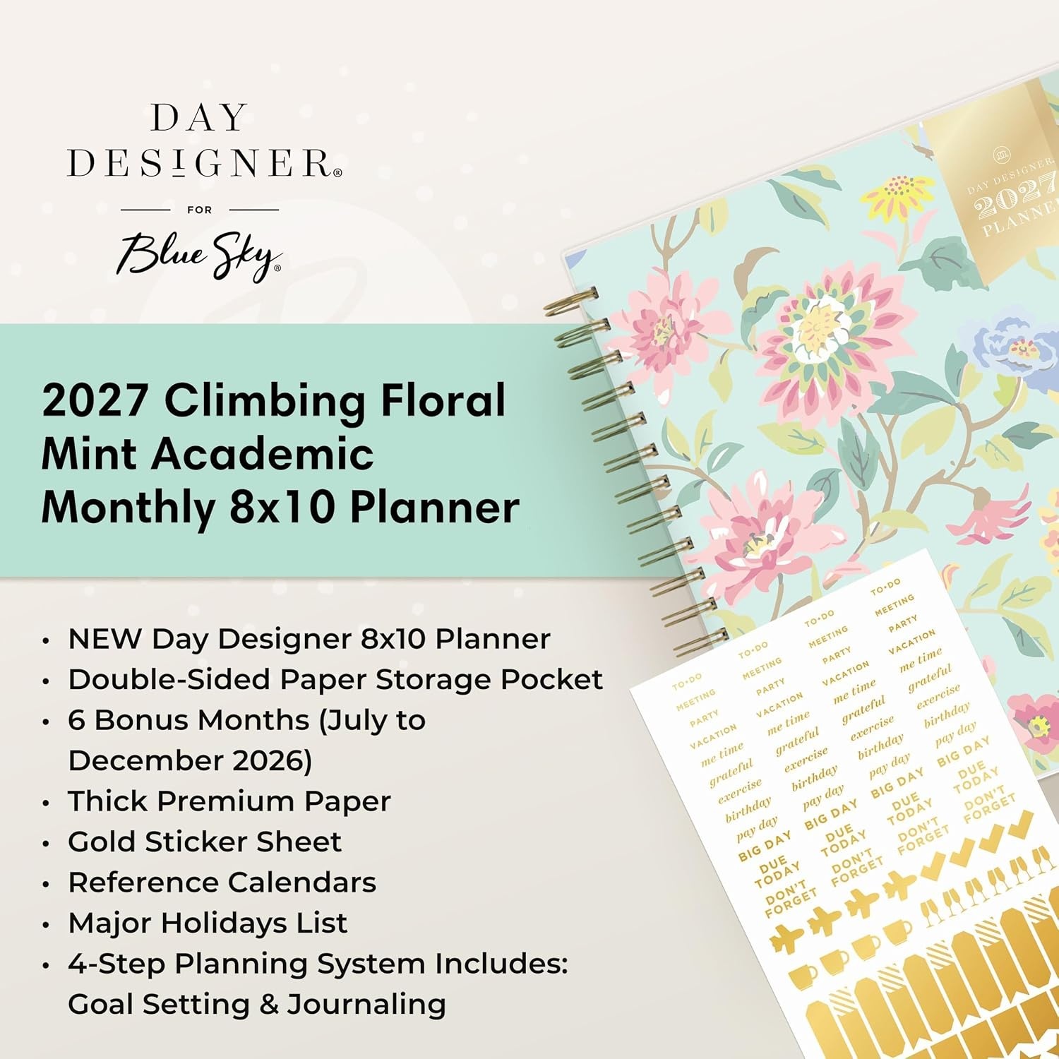 image:imageBlue Sky Day Designer 2027 Monthly Planner 8x10 Climbing Floral MintClimbing Floral Mint 2027