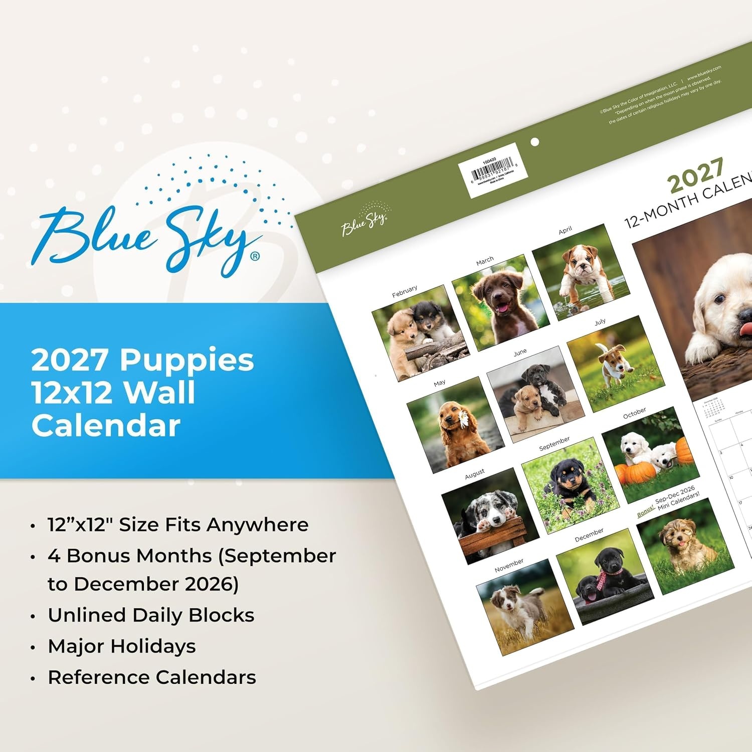 image:imageBlue Sky 2027 Monthly Wall Calendar 12x12 PuppiesPuppies 2027